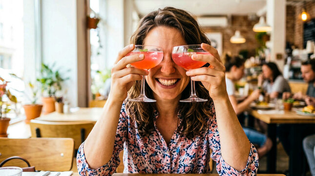 Playful woman holding two pink cocktails in front of her eyes laughing in a bright cafe