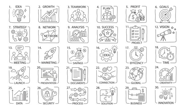 Business doodles icon design black outline business planning icon vector illustration