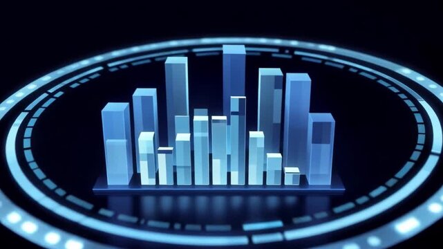 Futuristic digital hologram bar chart data technology blue glowing circular interface visualization 3D graph display modern abstract illuminated virtual design innovation analytics business finance