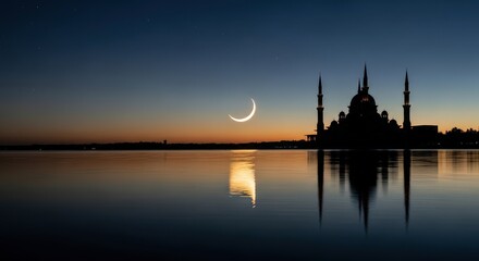 Fototapeta premium Mosque Silhouette at Crescent Moon Sunset.