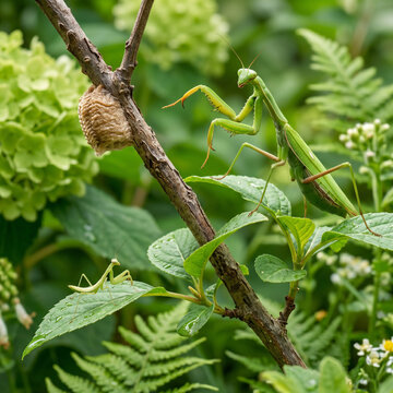 Adult female european mantis watching over egg case ootheca on garden branch with macro photography wildlife predator entomology close-up lifecycle reproduction hatching environmental