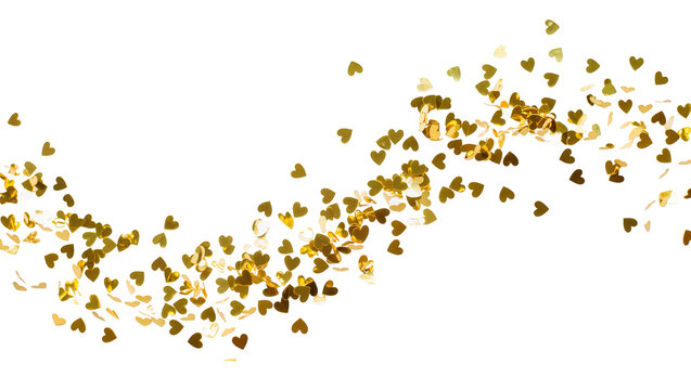 Golden heart confetti scattered in a wave pattern, isolated on transparent background