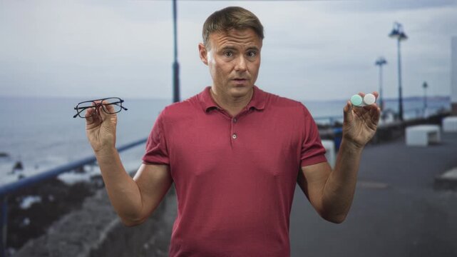 Man holding glasses in one hand and a contact lens case in the other on a street pier; uncertainty decision clarity.