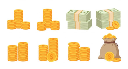 Collection of golden coins and paper money stacks in various arrangements. © mamng