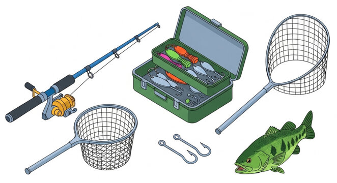 Essential Fishing Gear Collection Isolated on White Background.