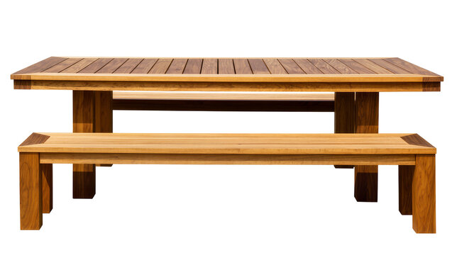 Wooden slatted outdoor dining table and bench set, isolated on transparent background