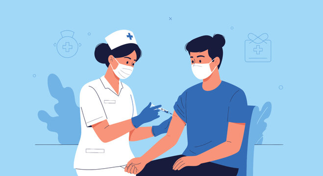 Nurse Administering Vaccine Injection to Patient Wearing Face Mask