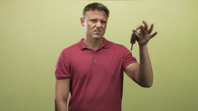 Man holding car keys dangling between fingers with a resigned frown, wearing red polo in studio; lost inconvenience frustration.