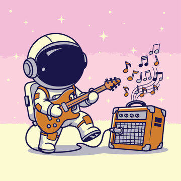 A cute cartoon astronaut in a spacesuit and headphones rocks out on a brown electric guitar connected to an amplifier.