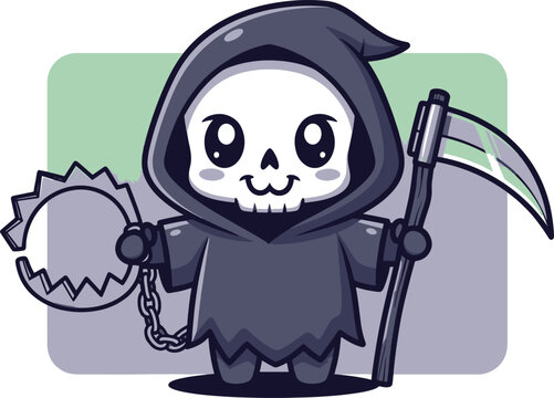 A cute cartoon Grim Reaper with a skull face, holding a scythe and a bear trap.