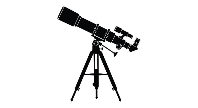 Detailed black silhouette of a refracting telescope on a tripod stand silhouette