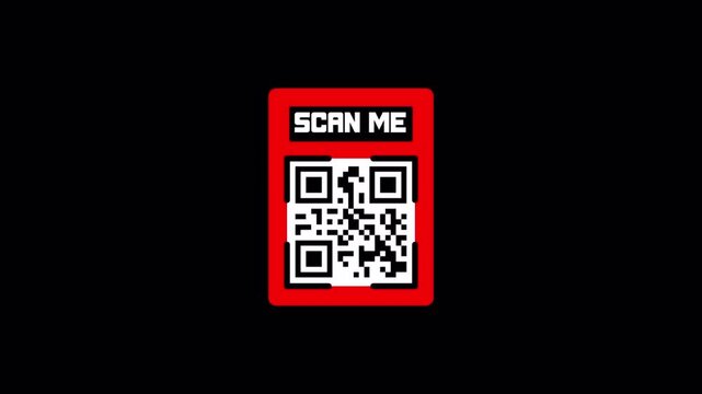 Animated red QR code frame with scan me text popup on transparent background for digital marketing