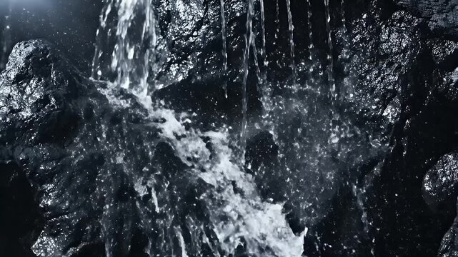 Waterfall Splashing on Dark Rocks - This video captures water cascading down a rocky surface, creating a dramatic splash. The dark, rugged texture of the rocks contrasts with the white, foamy water.