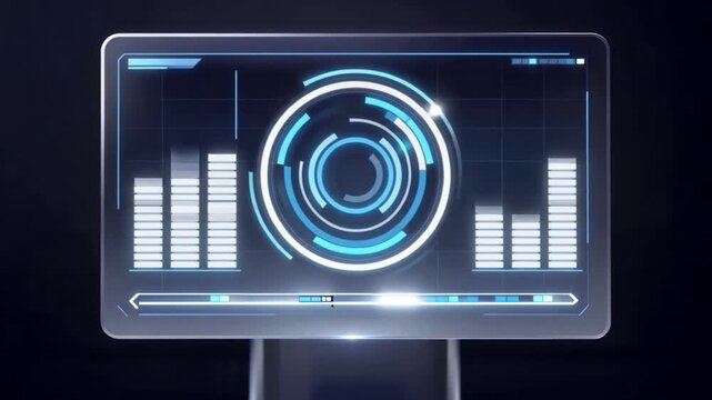 Futuristic digital interface featuring glowing circular graph and bar chart elements transparent screen with blue light, showcasing advanced technology, data visualization, and analytics high tech