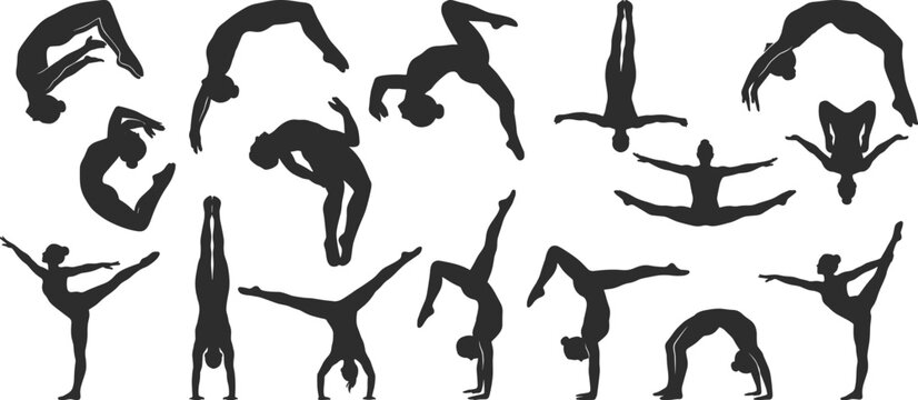 Gymnastics silhouettes collection, athletes performing flips, handstands and balance poses, black vector set for sports, training, acrobatics and fitness design use