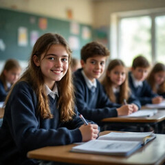 Fototapeta premium Group of smiling diverse students sitting in a classroom during a lesson.