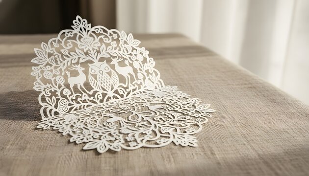 Intricate scherenschnitte paper cutting art featuring an owl and deer on a linen table for a delicate craft and traditional handmade gift concept with soft lighting