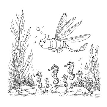 Dragonfly Swimming with Seahorses Underwater