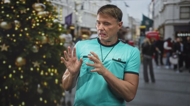 Man referee with whistle wincing face and hands raised near chest on street christmas market; discomfort caution.
