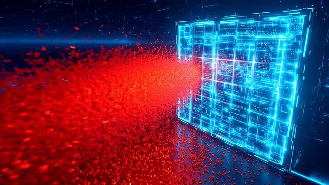 Futuristic cube emitting red particles symbolizing ecological sustainability and green energy