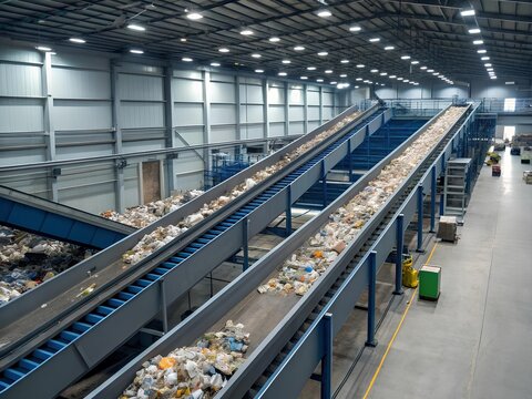 Automated waste sorting system with conveyor belts in modern recycling plant, industrial facility for processing garbage and separating recyclable materials