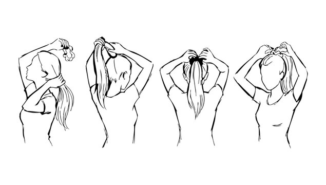 Hair adjustment and grooming poses showing different hand movements illustrated in clean figure line illustration style for beauty care visuals styling reference and posture study