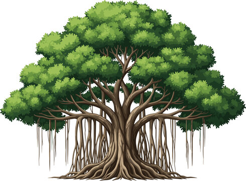 Majestic Banyan tree vector illustration with aerial roots and dense green foliage for nature and environment concepts
