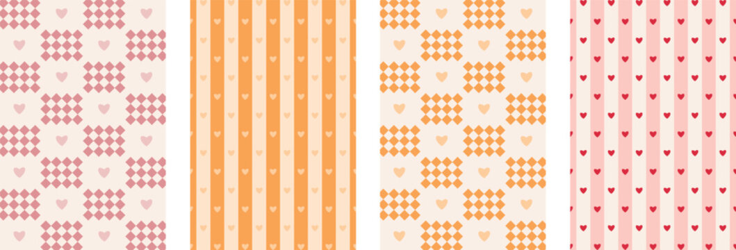 Pastel pink girly seamless patterns with hearts plaid gingham stripes rhombus