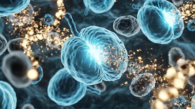 Cell Disruption - This video features a close-up of cells being disrupted, with a bright light emanating from within. The cell disruption results in fragmentation and scattering of cellular material.