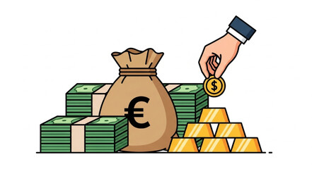 Financial Wealth Growth With Euro Bag Gold Bars and Coins. © mamang