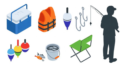 Fishing Equipment and Fisherman Silhouette Set. © mamang