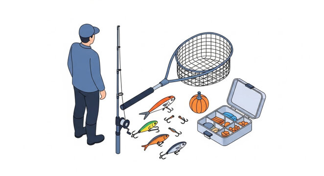 Fisherman with Fishing Gear and Tackle Box.
