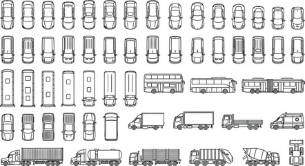 Vehicles outline vector mega set in top view. Thin line CAD transport icons of cars, vans, buses and trucks for urban planning, traffic diagrams, city maps and architectural design © PrimePixel Co