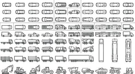 Top view and side view vehicles vector mega set. Thin line transport icons of cars, trucks, buses, emergency and construction vehicles for urban planning, city maps and CAD design © PrimePixel Co