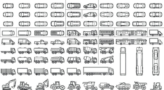 Top view and side view vehicles vector mega set. Thin line transport icons of cars, trucks, buses, emergency and construction vehicles for urban planning, city maps and CAD design