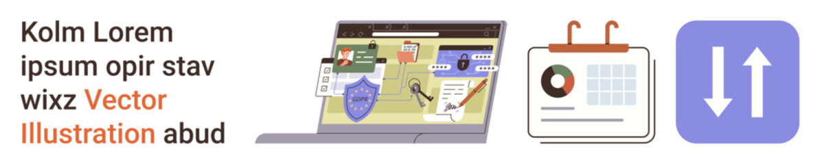 Cybersecurity, data management, information technology, digital protection, data analysis, online privacy. Laptop with security symbols, calendar arrows. Cybersecurity and data management concept © robu_s