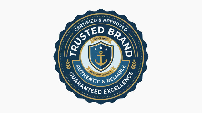 A trusted brand seal with a navy blue and gold color scheme, featuring a shield and anchor design.