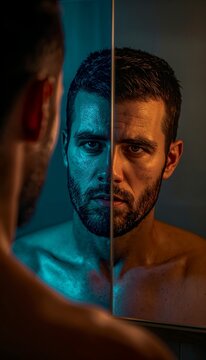 Split face portrait of man, dual personality concept, identity and emotion contrast, dramatic lighting, psychology concept