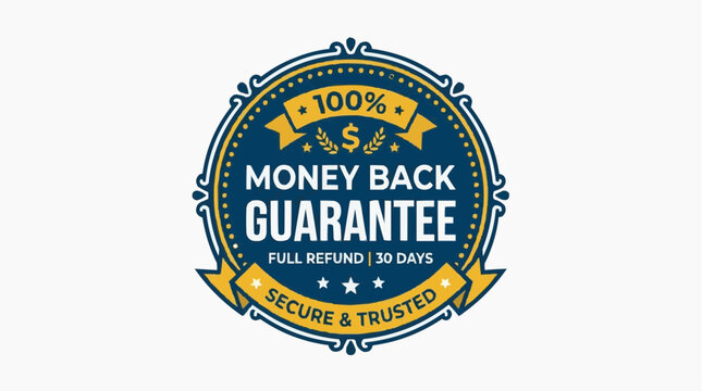 A vector graphic illustration of a money back guarantee seal with a blue and yellow color scheme
