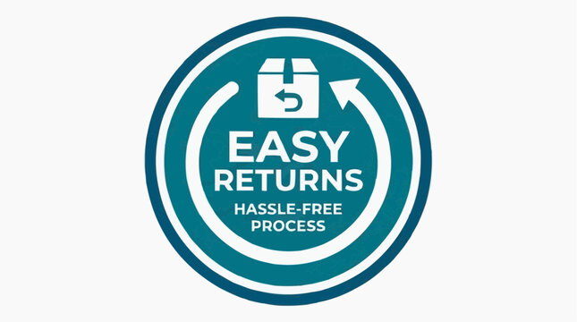 A teal and white icon illustrating an easy returns process with a circular arrow and package symbol