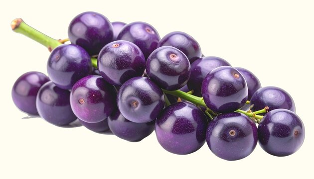 Fresh acai berries, deep purple and round, clustered on a stem, isolated on pristine white background.
