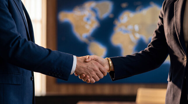 International Diplomacy Meeting Handshake with Geopolitical Map Background