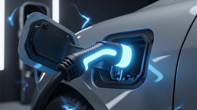 Electric Vehicle Charging - A close up of an electric car being charged. The charging cable is plugged into the vehicle's charging port with blue energy arcing from the connection.