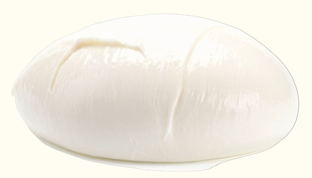 Fresh buffalo mozzarella (Mozzarella di Bufala) with porcelain-white color and delicate texture in natural whey, showcasing Italian cheese-making artistry, isolated on pure white background.