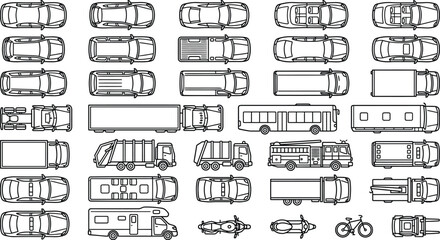 Top view vehicles outline vector set. Thin line CAD transport icons of cars, SUVs, trucks, buses, motorcycle and bicycle for urban planning, traffic layouts, city maps and architectural design © PrimePixel Co