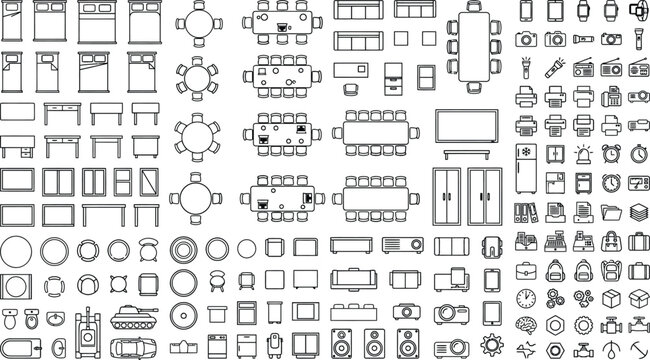 Top view furniture floor plan symbols vector mega set. Thin line CAD icons of tables, chairs, sofas, seating layouts and storage for interior design, office planning and architectural blueprints