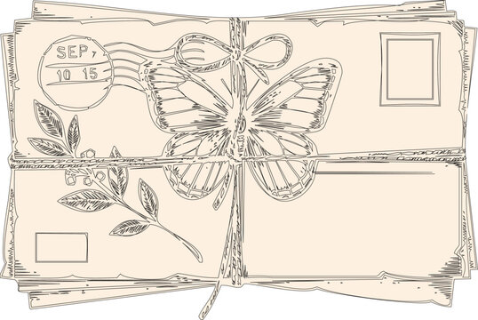 An engraving art style handdrawn illustration, vintage postcard with butterfly and leaves on a tied bundle of cards