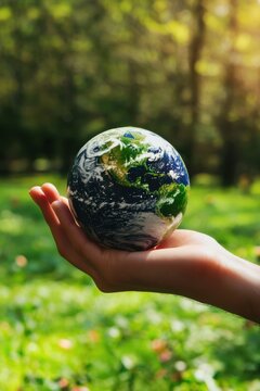 A hand gently holds a small globe of Earth against a blurred natural background, symbolizing care for the planet and environmental protection.