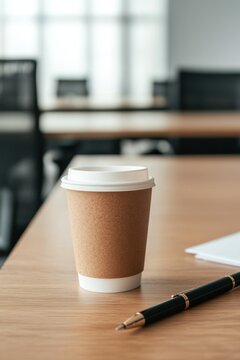 A disposable coffee cup with a white lid sits on a wooden table next to a black pen in a bright, modern office setting.