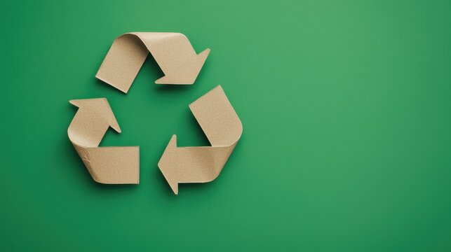 A 3D cardboard recycle symbol with three arrows on a green background representing sustainability and environmental consciousness.